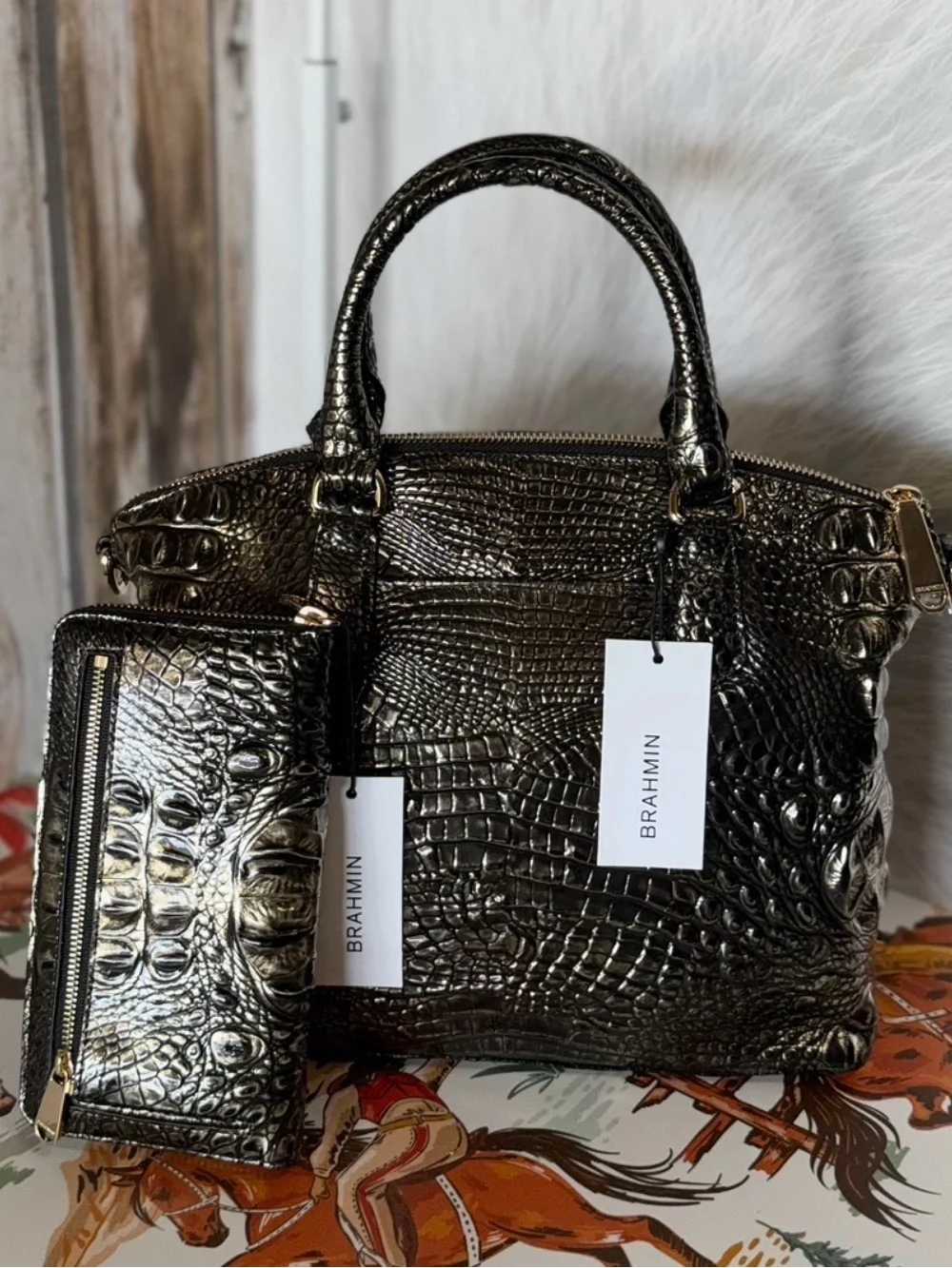 FIRM SET ~ NWT Brahmin Black Onyx Med Duxbury Melbourne Leather & SURI Wallet